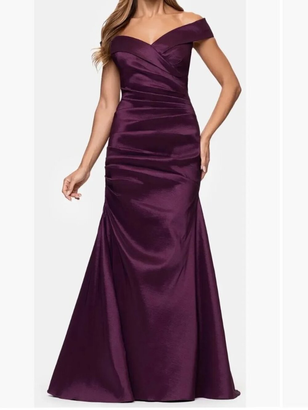Xscape Plum Burgundy Off the Shoulder Taffeta Sheath Gown Dress